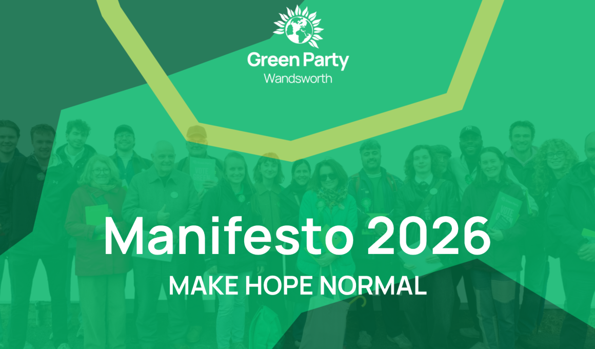 Group of Green Party supporters standing together in front of a banner that reads 'Manifesto 2026' with the slogan 'Make Hope Normal'.