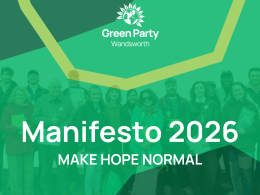 Group of Green Party supporters standing together in front of a banner that reads 'Manifesto 2026' with the slogan 'Make Hope Normal'.