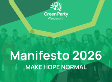 Group of Green Party supporters standing together in front of a banner that reads 'Manifesto 2026' with the slogan 'Make Hope Normal'.