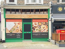 Row of shopfronts on a street: left Kerala Ayurveda sign, middle green-framed storefront with large food posters, right Dim Sum Kitchen signage.