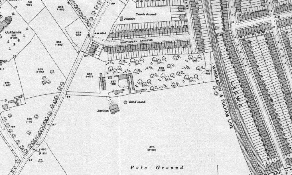 Section of a black-and-white map labeled Polo Ground, showing trees, a band stand, pavilion, and surrounding roads near Wimbledon/South Dean Gardens with a railway line on the right.