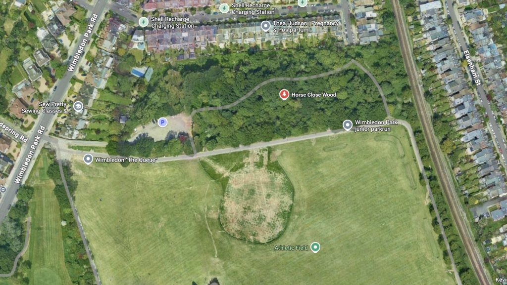 Aerial map of Wimbledon Park showing Horse Close Wood, the athletic field, and surrounding paths.