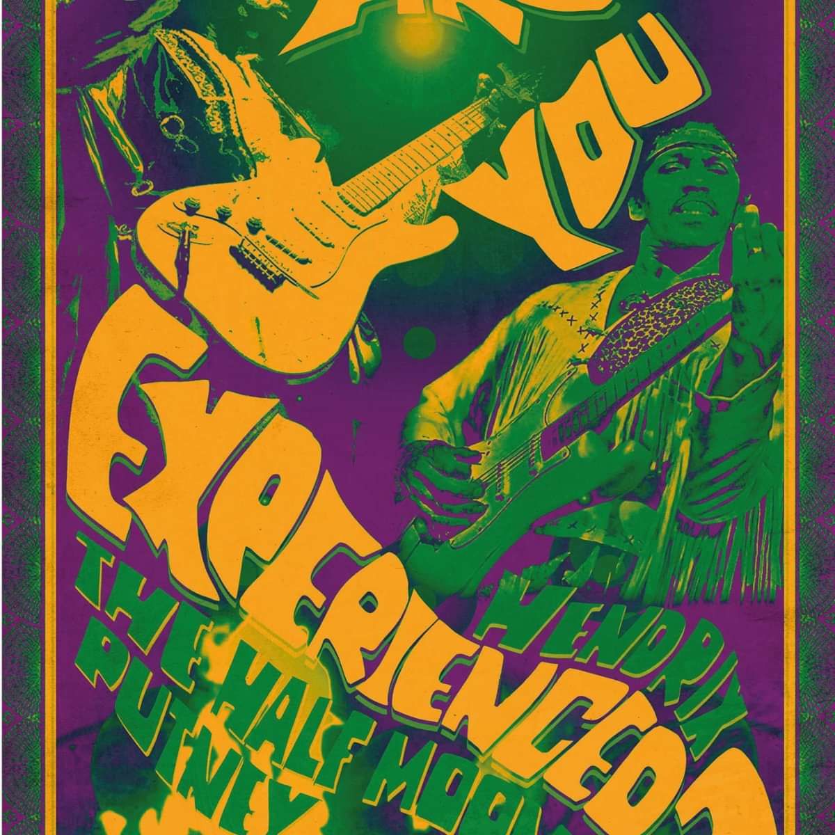 Psychedelic rock concert poster with two guitarists in green and yellow, bold typography across the frame.
