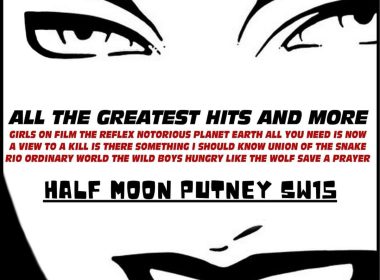 High-contrast poster featuring a smiling face and bold red and black text promoting a tribute show at Half Moon Putney SW15.