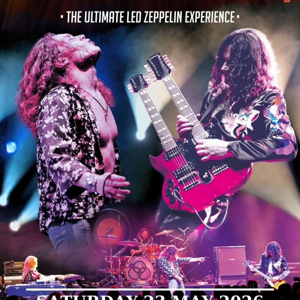 Promo poster for The Ultimate Led Zeppelin Experience, showing two guitarists on stage with pink double-neck guitars and dramatic lighting; includes the date Saturday 22 May 2026.