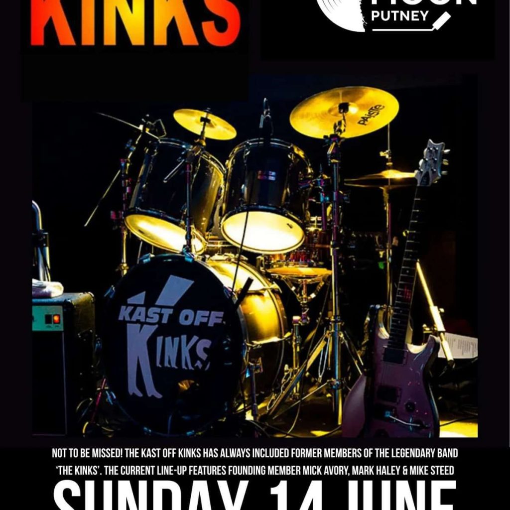 Stage drum kit setup for a band poster: black drums with 'KAST OFF KINKS' on the bass drum, yellow stage lights, and a purple electric guitar on the right; top shows band logos and a Sunday 14 June date text at the bottom.