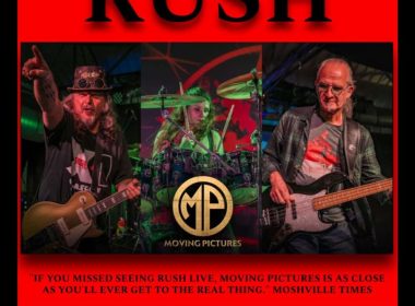 Poster advertising 'A Tribute to Rush' by Moving Pictures, showing three musicians on stage with a red-and-black design and the band logo in the center.