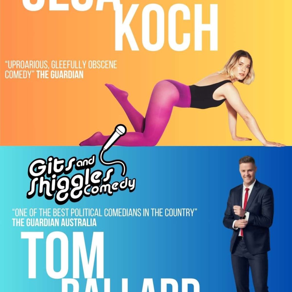 Two-panel comedy poster: top shows a woman in pink leggings on an orange background; bottom features a suited man on blue with a cartoon microphone and the 'Gigs and Shiggles Comedy' logo.
