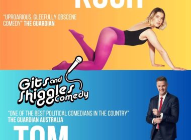 Two-panel comedy poster: top shows a woman in pink leggings on an orange background; bottom features a suited man on blue with a cartoon microphone and the 'Gigs and Shiggles Comedy' logo.