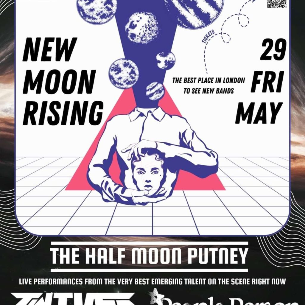 Poster for a venue event titled 'New Moon Rising' with a celestial head and planets, pink triangle, grid floor, and date 29 May (The Half Moon Putney).