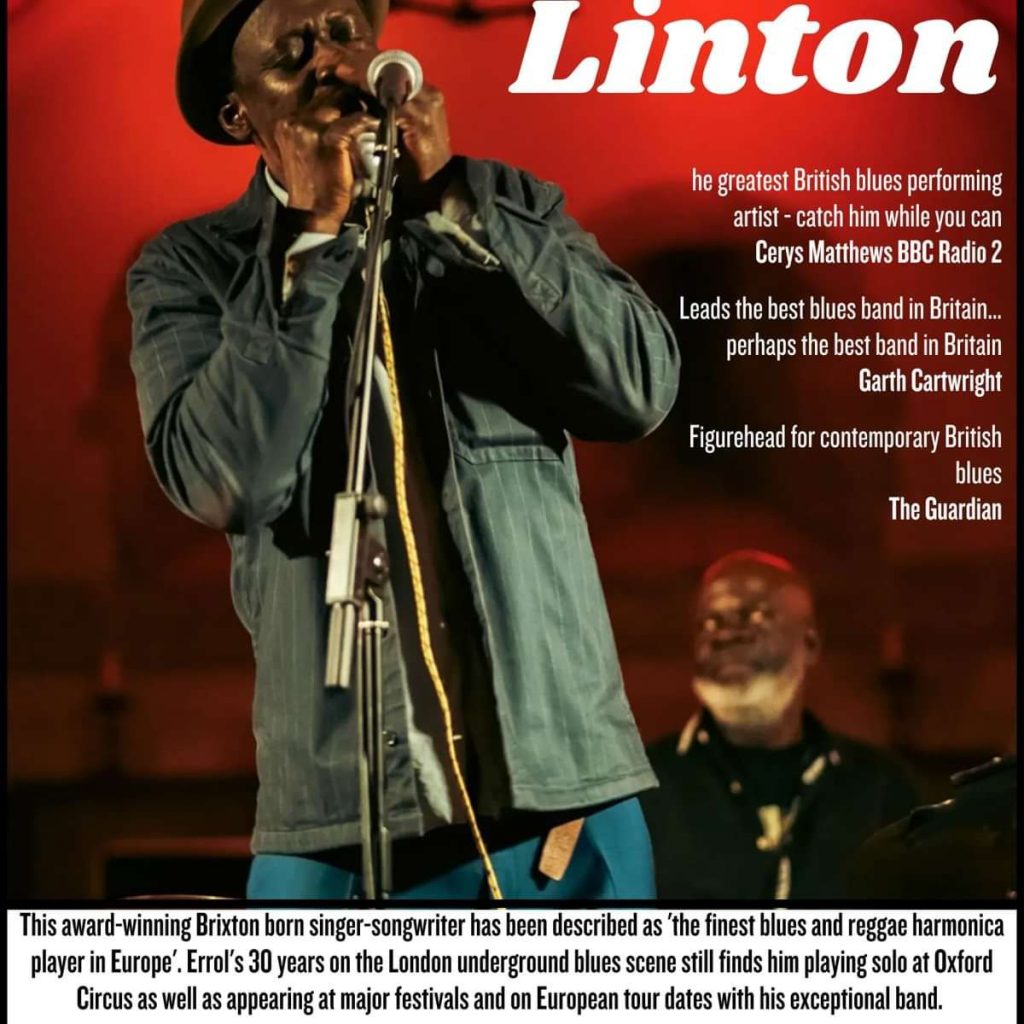 Poster of a male blues singer performing on stage into a microphone; red background, large 'Linton' text, and quotes on the right, with a captioned block at the bottom.