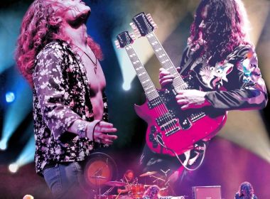 Promotional image for 'The Ultimate Led Zeppelin Experience' showing two guitarists on stage with pink double-neck guitars and dramatic lights.