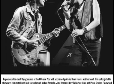 Two male musicians perform on stage in a black-and-white photo: a guitarist with a hat on the left and a singer with a microphone on the right, with bold poster text beneath.
