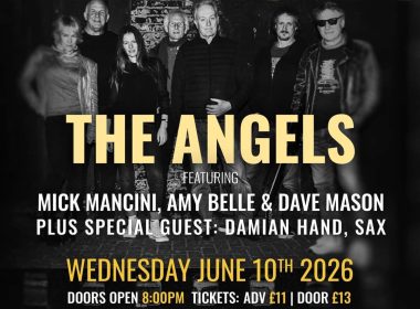 Event poster for a live music show by The Angels, featuring Mick Mancini, Amy Belle & Dave Mason, with Damian Hand on sax; Wednesday June 10, 2026 (doors 8:00pm, adv £11, door £13).