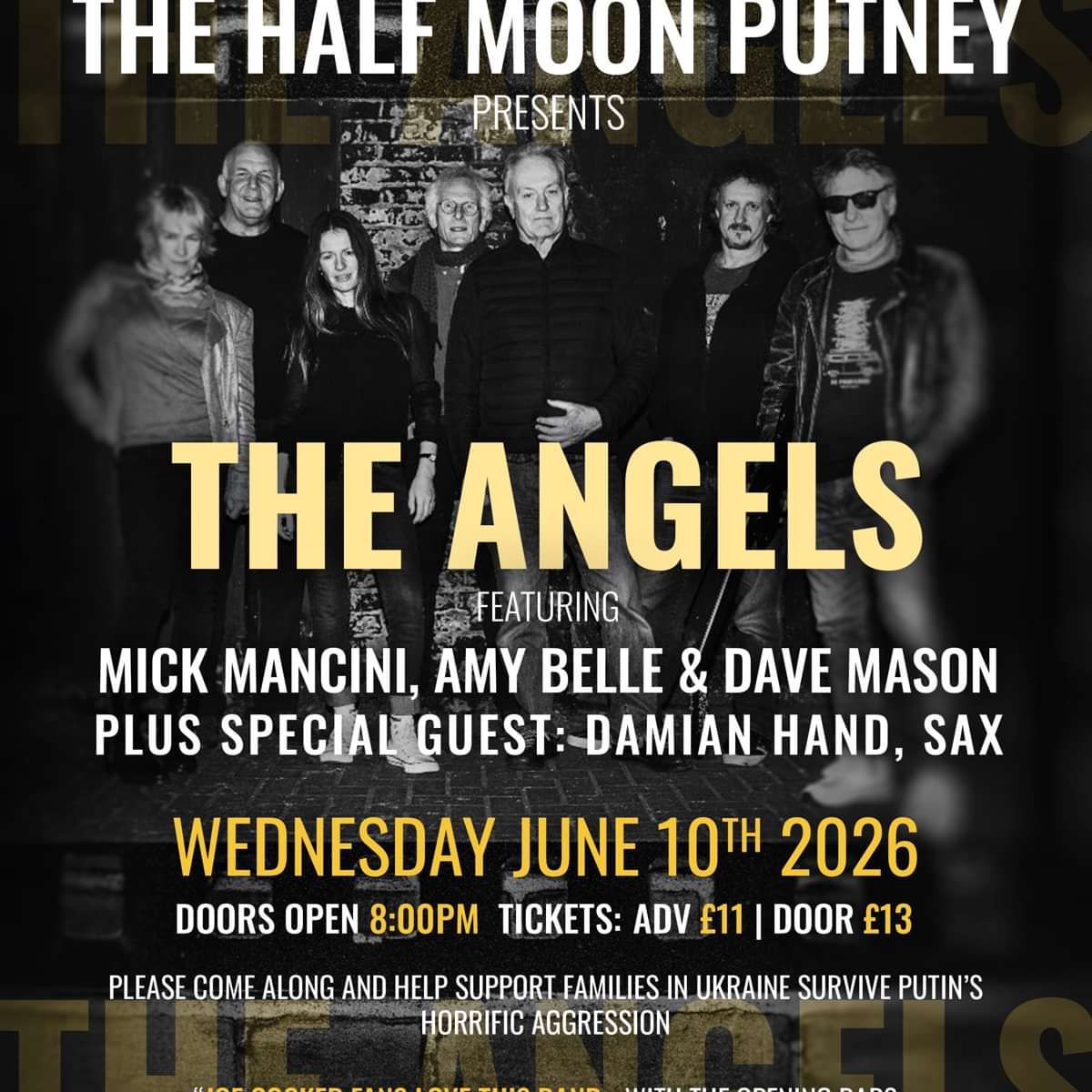 Event poster for a live music show by The Angels, featuring Mick Mancini, Amy Belle & Dave Mason, with Damian Hand on sax; Wednesday June 10, 2026 (doors 8:00pm, adv £11, door £13).