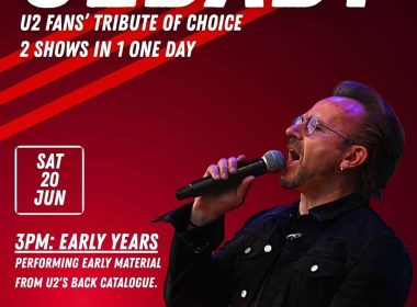 Poster advertising a U2 tribute show featuring a male singer singing into a microphone on a red gradient background; date Sat 20 Jun; 3 PM Early Years and 8 PM Hits & Anthems.