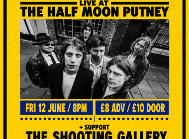 Event poster for band Circus performing live at The Half Moon Putney. Black-and-white band photo on a city street; date Fri 12 June, 8pm; tickets £8 in advance or £10 on the door; supporting The Shooting Gallery and Dan's People.