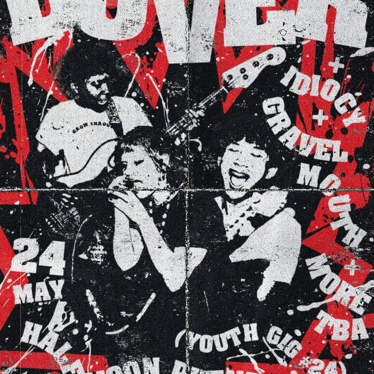 Collage-style concert poster with a guitarist and a laughing singer; red, black, and white with scattered text elements.