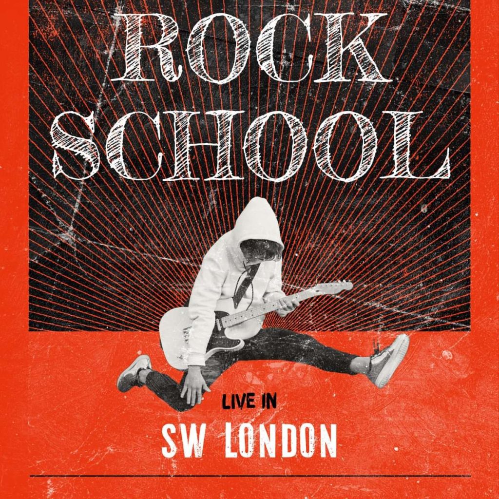 Album cover for 'Rock School' showing a guitarist in a white hoodie mid-leap on a red background with bold white text 'Live in SW London' above and below.