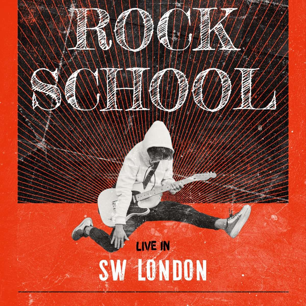 Album cover for 'Rock School' showing a guitarist in a white hoodie mid-leap on a red background with bold white text 'Live in SW London' above and below.
