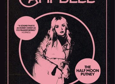 Poster-style event advert featuring a pink-tinted illustration of a woman inside a circle on a black background; speech bubbles and bold pink text advertise 'The Half Moon Putney' at The Half Moon, with date details.