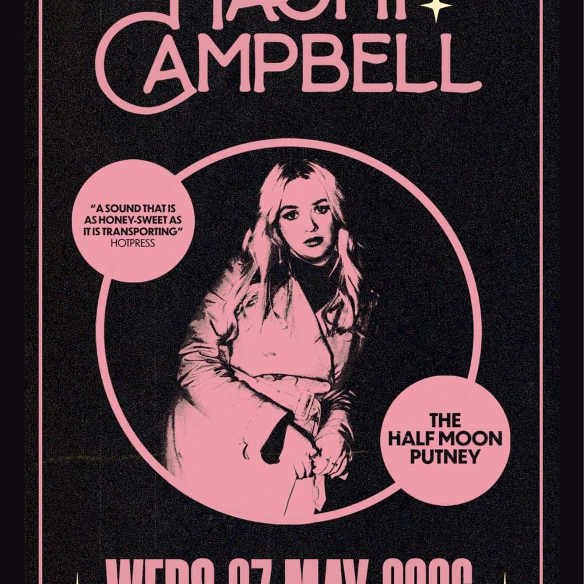 Poster-style event advert featuring a pink-tinted illustration of a woman inside a circle on a black background; speech bubbles and bold pink text advertise 'The Half Moon Putney' at The Half Moon, with date details.