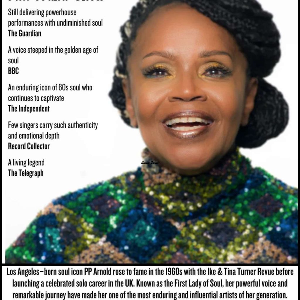 Portrait of PP Arnold smiling, wearing a colorful sequined top, with bold article text about her soul‑music career on the left and a caption at the bottom.
