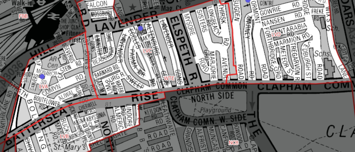 Grayscale map excerpt with bold red boundary lines outlining a district; streets labeled like Rise, Lavender Hill, and Clapham Common West Side.