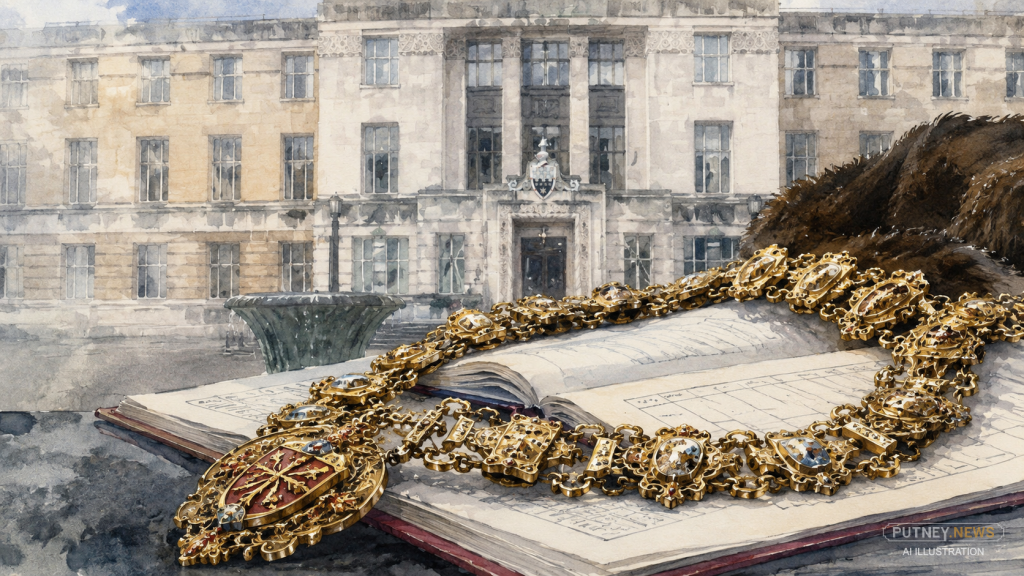 Gold ceremonial chain laid across an open book in the foreground with a grand stone building in the background.