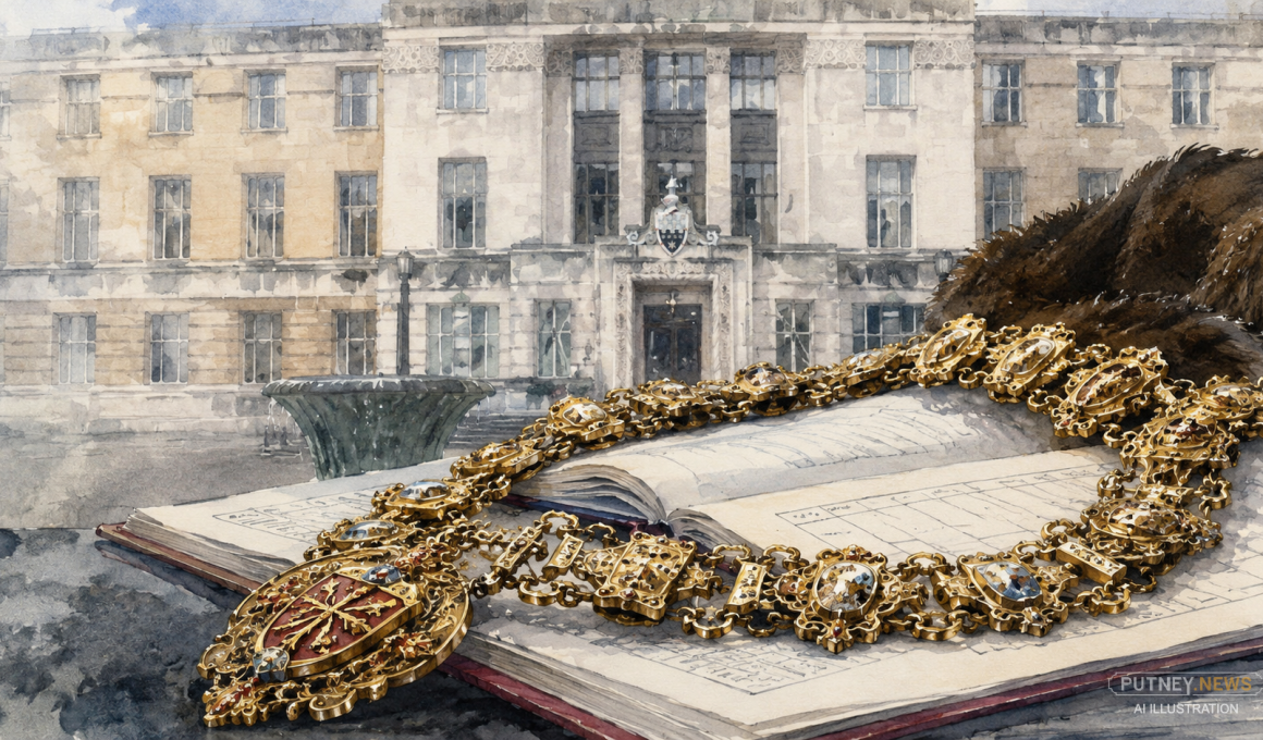 Gold ceremonial chain laid across an open book in the foreground with a grand stone building in the background.