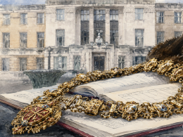 Gold ceremonial chain laid across an open book in the foreground with a grand stone building in the background.