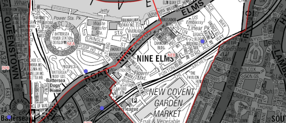 Map snippet showing Nine Elms and New Covent Garden Market with red boundary lines and blue markers throughout the area.