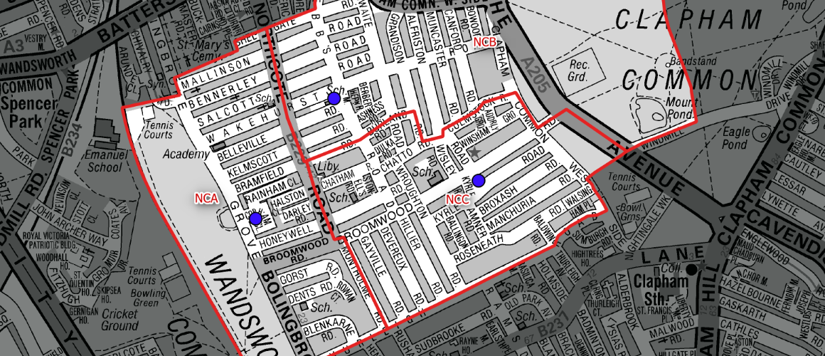 Detailed city map showing a bordered residential area with street names and blue pins indicating locations.