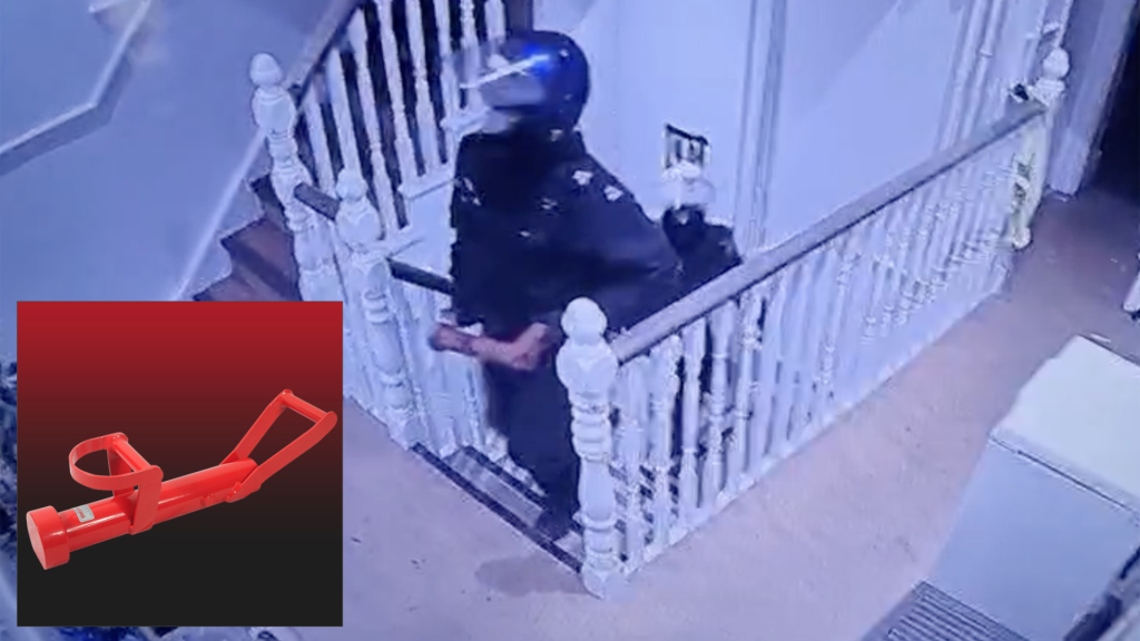 CCTV from the private space inside The Angel showing the police with a battering ram. Insert: The Enforcer aka The Big Red Key