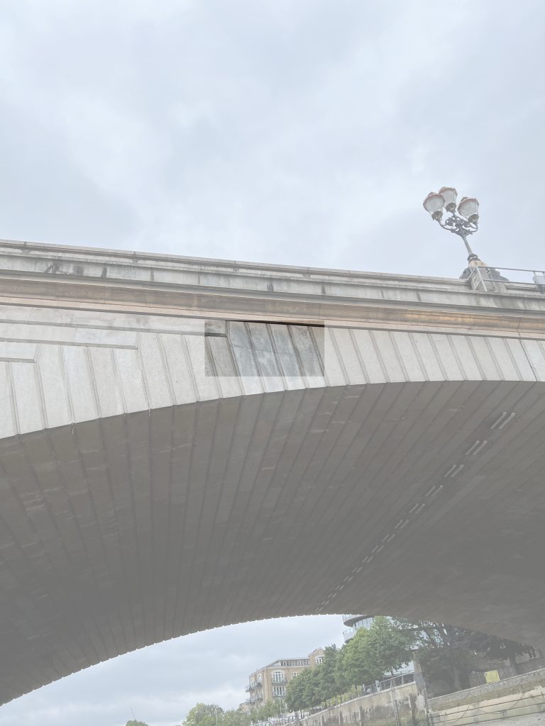 View from beneath a large curved bridge, showing lamps along its edge and a street with buildings and trees below against a cloudy sky.