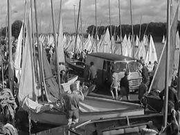 Busy marina with numerous sailboats and tall masts; people walk along the dock near a van.