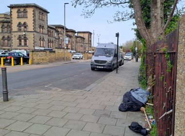 Rob Alford's belongings on the pavement outside HMP Wandsworth. He has been sleeping there since his release on bail about four weeks ago. (Photograph: Mark Lawry / Wandsworth Prison Improvement Campaign)