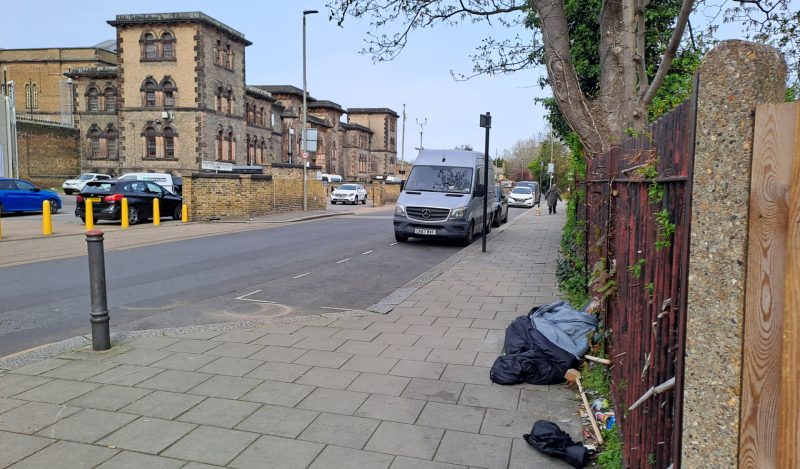 Rob Alford's belongings on the pavement outside HMP Wandsworth. He has been sleeping there since his release on bail about four weeks ago. (Photograph: Mark Lawry / Wandsworth Prison Improvement Campaign)