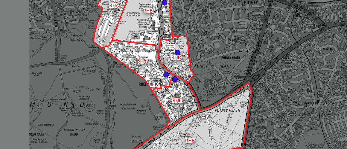 Black-and-gray map of Roehampton area with red transit routes and blue stop markers highlighting the network.