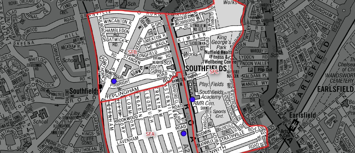 Map of Southfields area with a thick red boundary outlining the district; blue markers indicate key locations along streets (SFB, SFA, SFC).