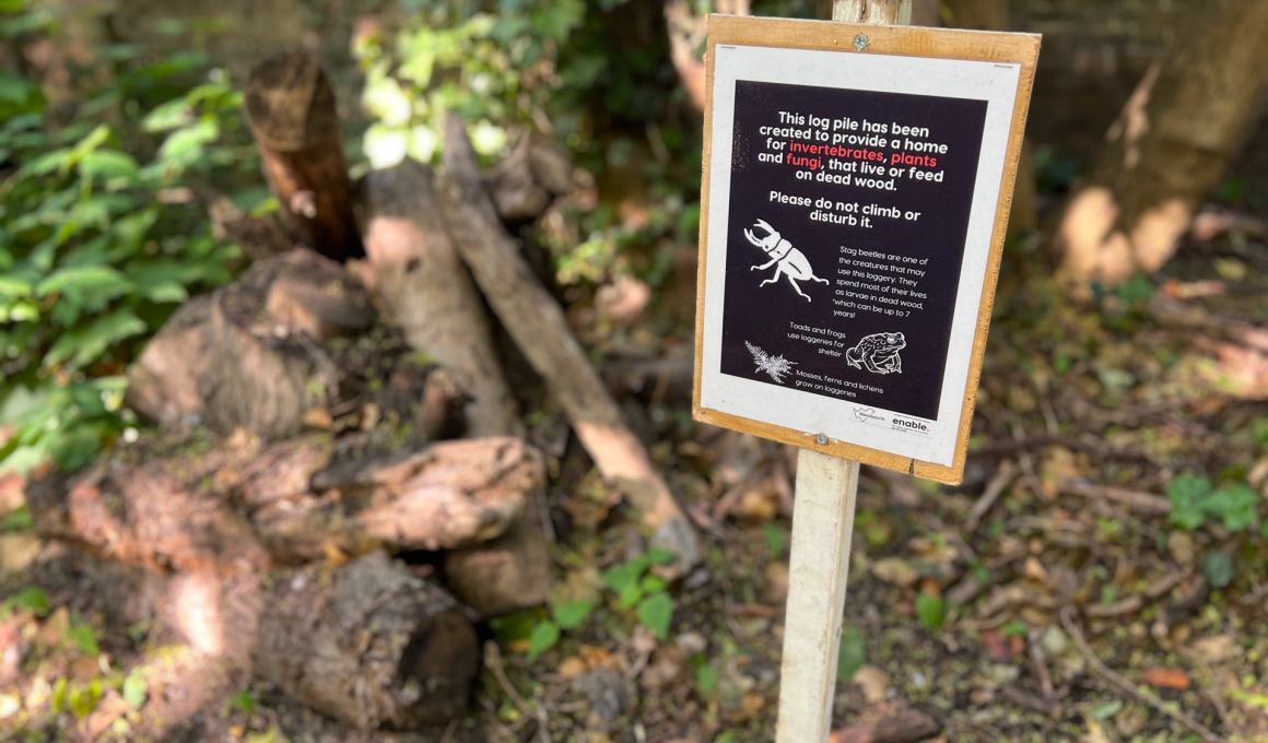 Sign explains a log pile provides habitat for invertebrates, plants and fungi, and asks visitors not to climb or disturb it in a garden setting.