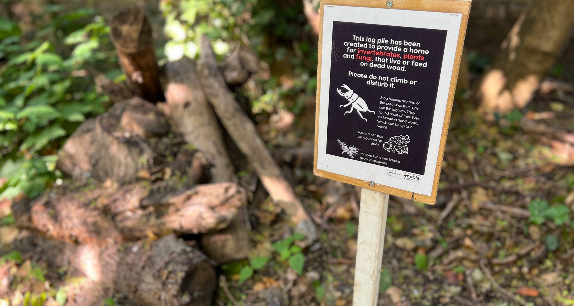 Sign explains a log pile provides habitat for invertebrates, plants and fungi, and asks visitors not to climb or disturb it in a garden setting.