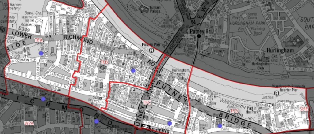 Detailed street map of Putney area showing red boundary outlines, river, bridges, and blue location markers.
