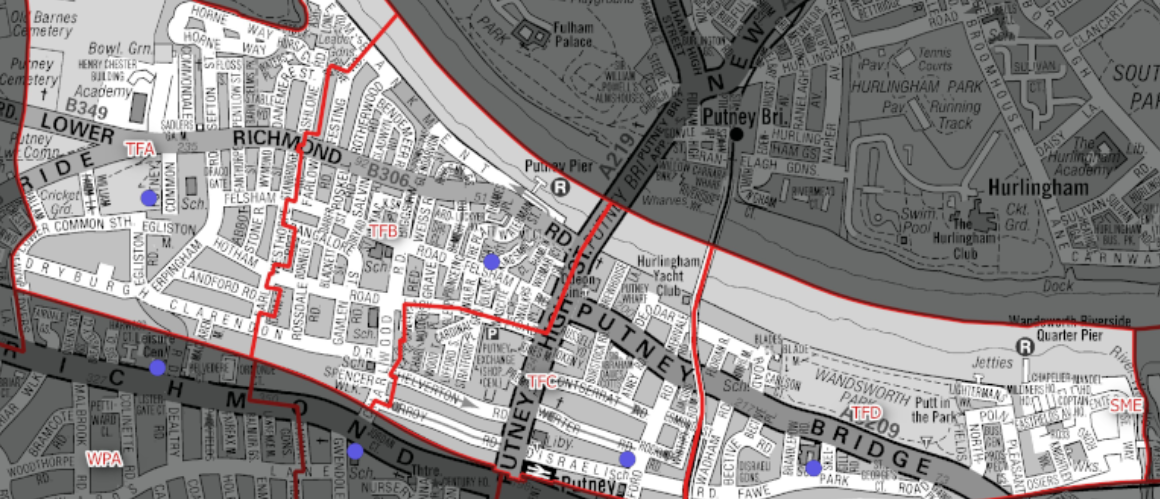 Detailed street map of Putney area showing red boundary outlines, river, bridges, and blue location markers.