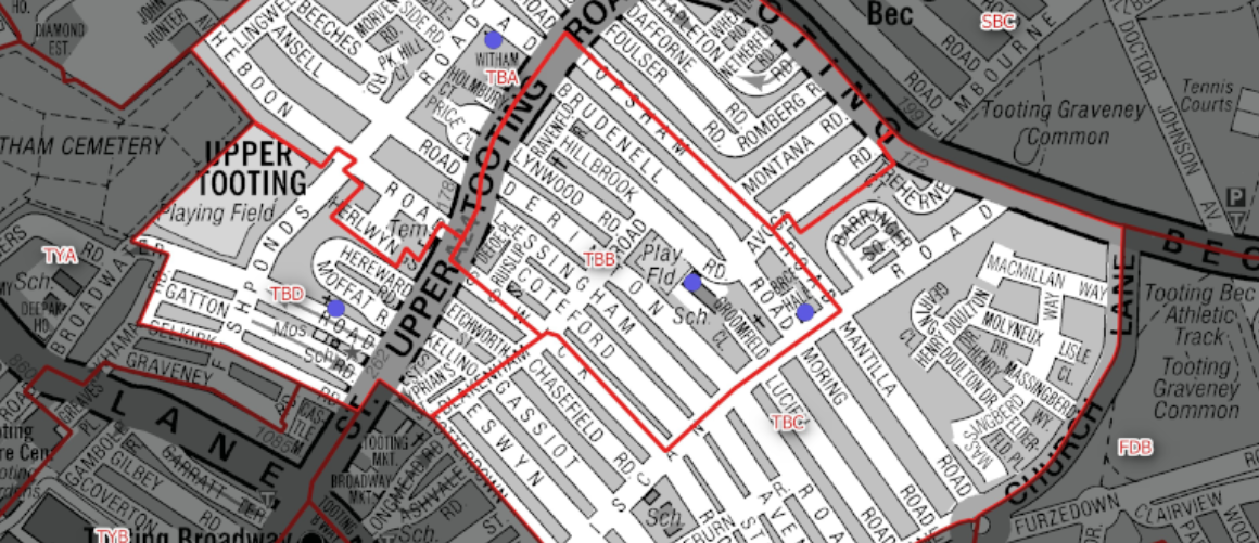 Map of a neighborhood with a red boundary outlining a district, showing a grid of streets labeled like Upper Tooting and Tooting Bec.