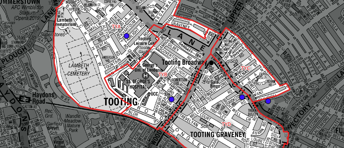 Detail map of Tooting area with red walking routes and blue markers, showing landmarks like Tooting Broadway and St George's Hospital.