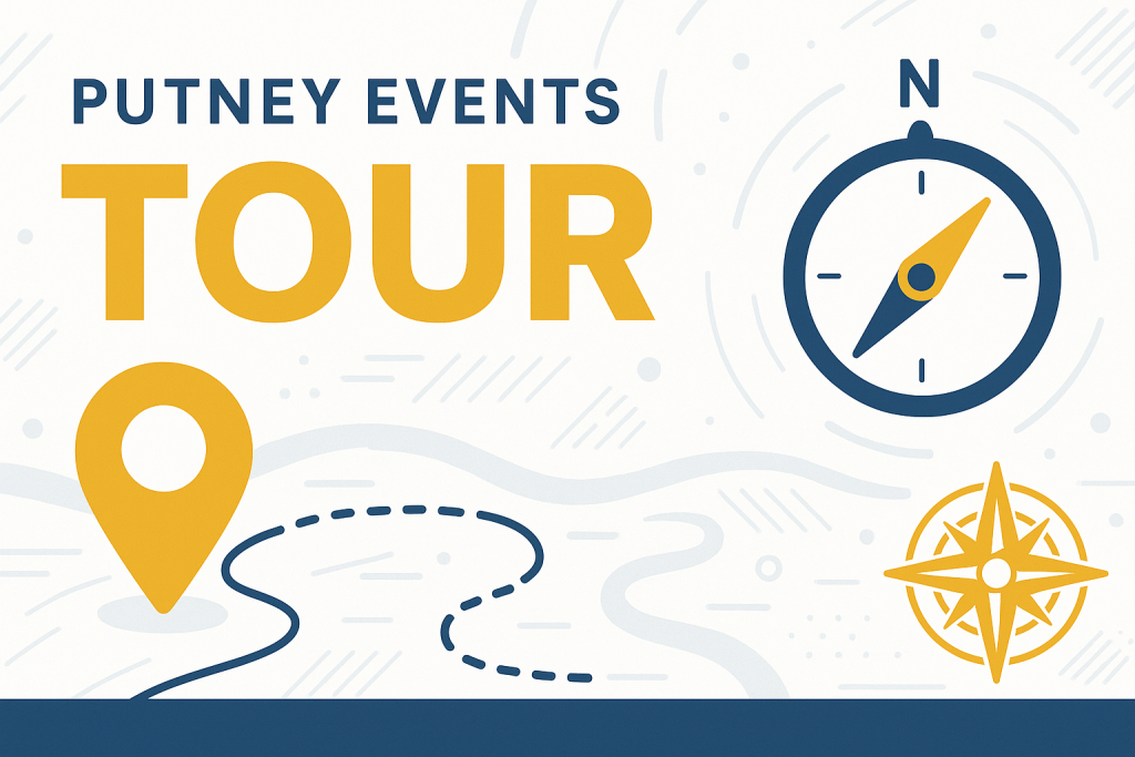 Graphic promoting Putney Events Tour with a large orange 'TOUR', a map pin, compass rose, and a winding travel path.