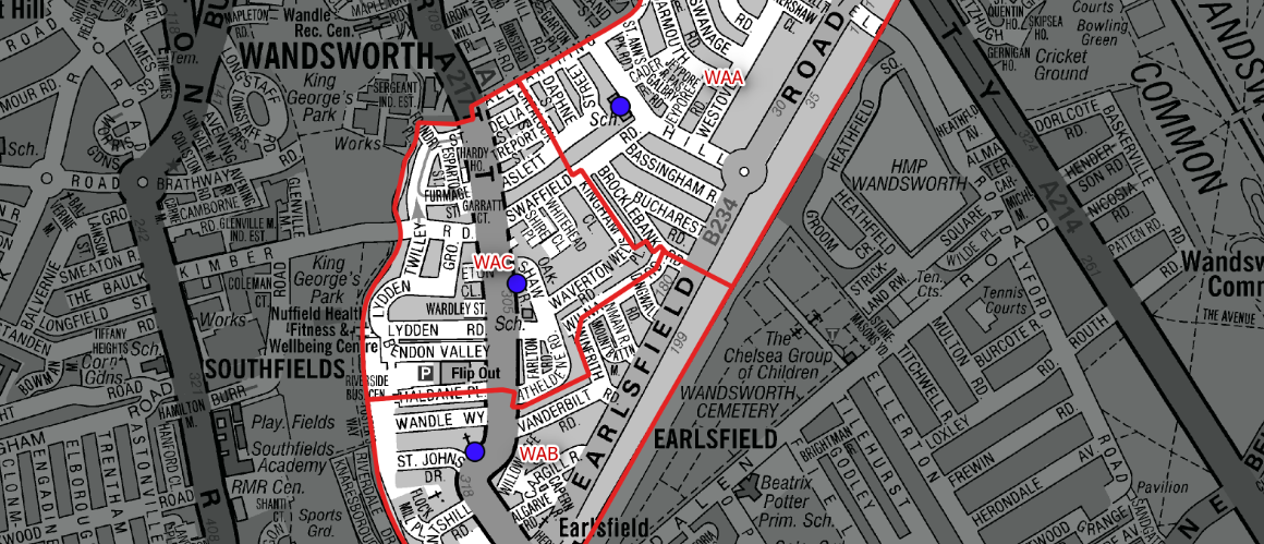 Detailed street map of Wandsworth and Earlsfield with a red boundary route and two blue waypoint markers.