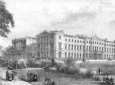 Historic engraving of a grand neoclassical mansion with colonnaded wings, set in a landscaped park with people strolling and carriages in the foreground.