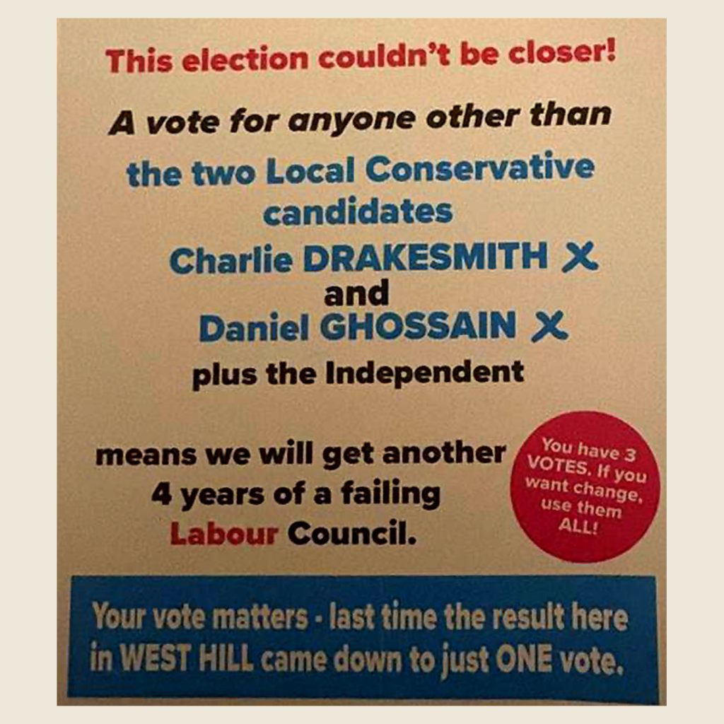 Political campaign flyer urging votes for two local Conservative candidates, Charlie Drakesmith and Daniel Ghossain, with a red vote-all circle and a blue message box about voting importance.
